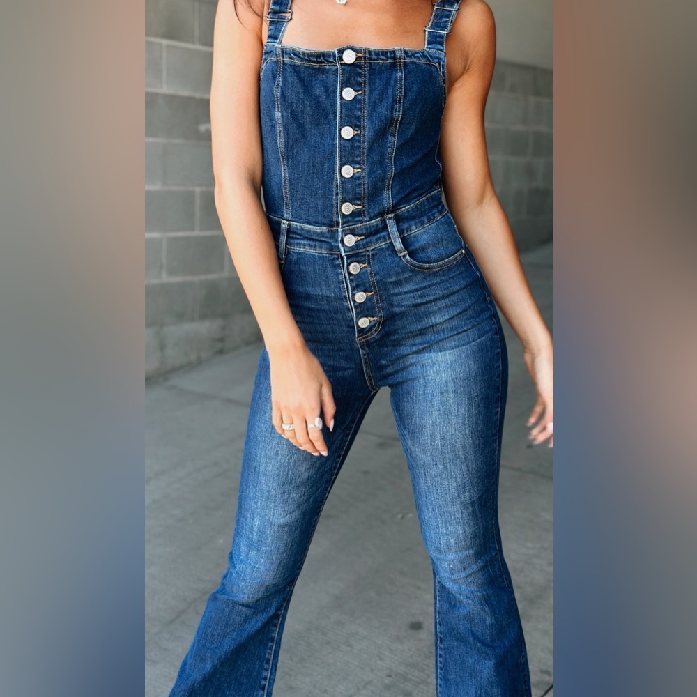Button Up Denim Overalls Flare Jumpsuit Jumper - Picture 2 of 8